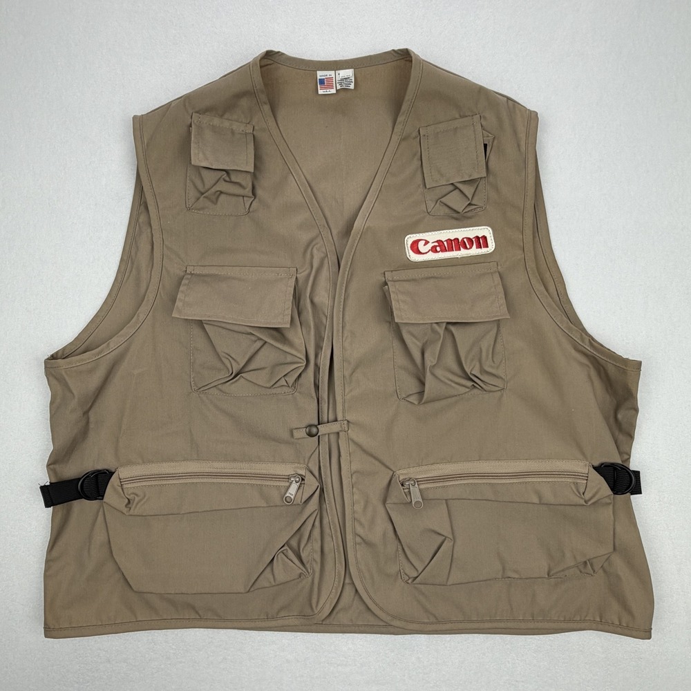 Vintage Canon Photography Utility Vest Tan Khaki Multi Pocket Made in USA OSFA